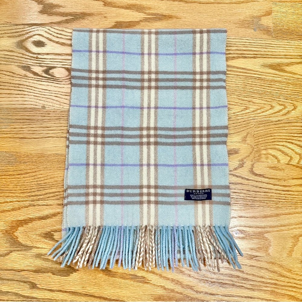 Burberry Checkered Scarf in Baby Blue and Tan - 100% Lambswool
